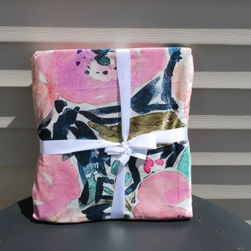 Boho Floral Throw Blanket Abstract Watercolor Fringe Tassels Size: 50in X 60in